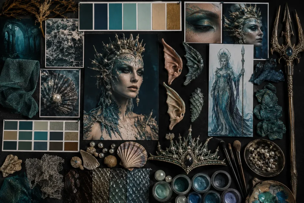 Moodboard nel make up con immagini, colori, texture e riferimenti visivi per la progettazione 