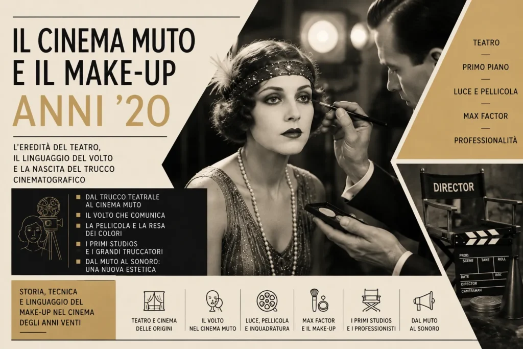 Cinema muto e make-up negli anni 20: truccatore al lavoro sul volto di un'attrice