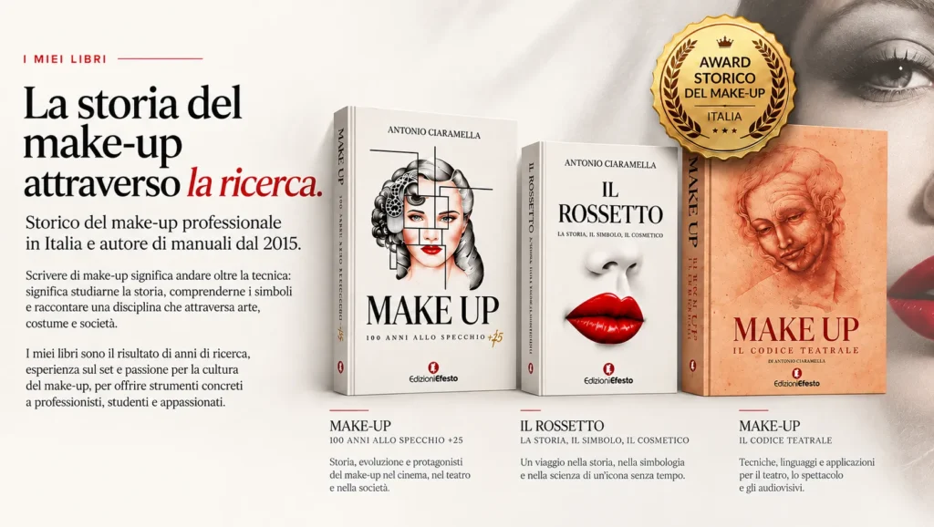 I libri di Antonio Ciaramella sulla storia del make-up: Make Up 100 Anni allo Specchio +25, Il Rossetto e Make Up Il Codice Teatrale