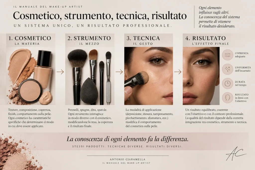 Rapporto tra cosmetico, strumento, tecnica di applicazione e risultato nel make-up professionale