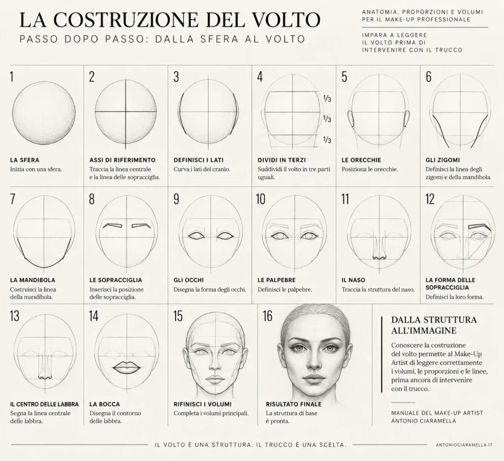 Costruzione del volto attraverso anatomia, proporzioni e linee geometriche per il make-up professionale