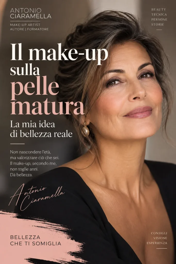 Make-up sulla pelle matura con donna mediterranea di circa 60 anni e trucco elegante e fresco