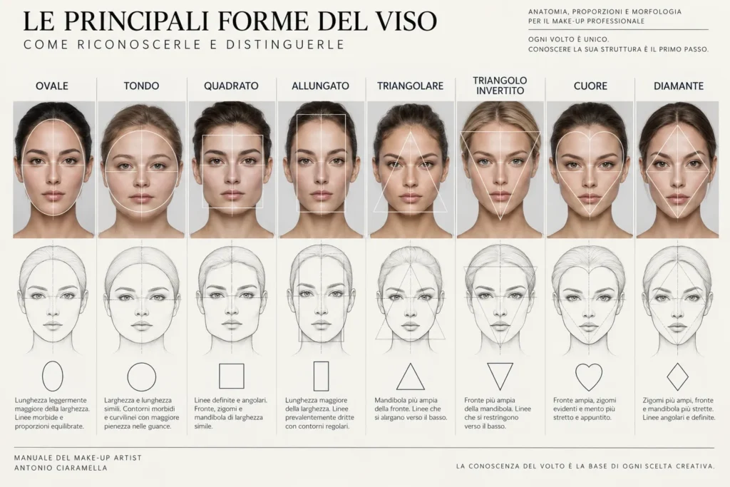 Principali forme del viso: ovale, tondo, quadrato, allungato, triangolare, triangolo invertito, cuore e diamante
