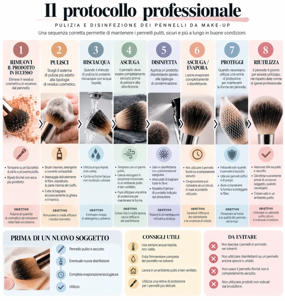 Sequenza professionale per pulire, asciugare e disinfettare i pennelli